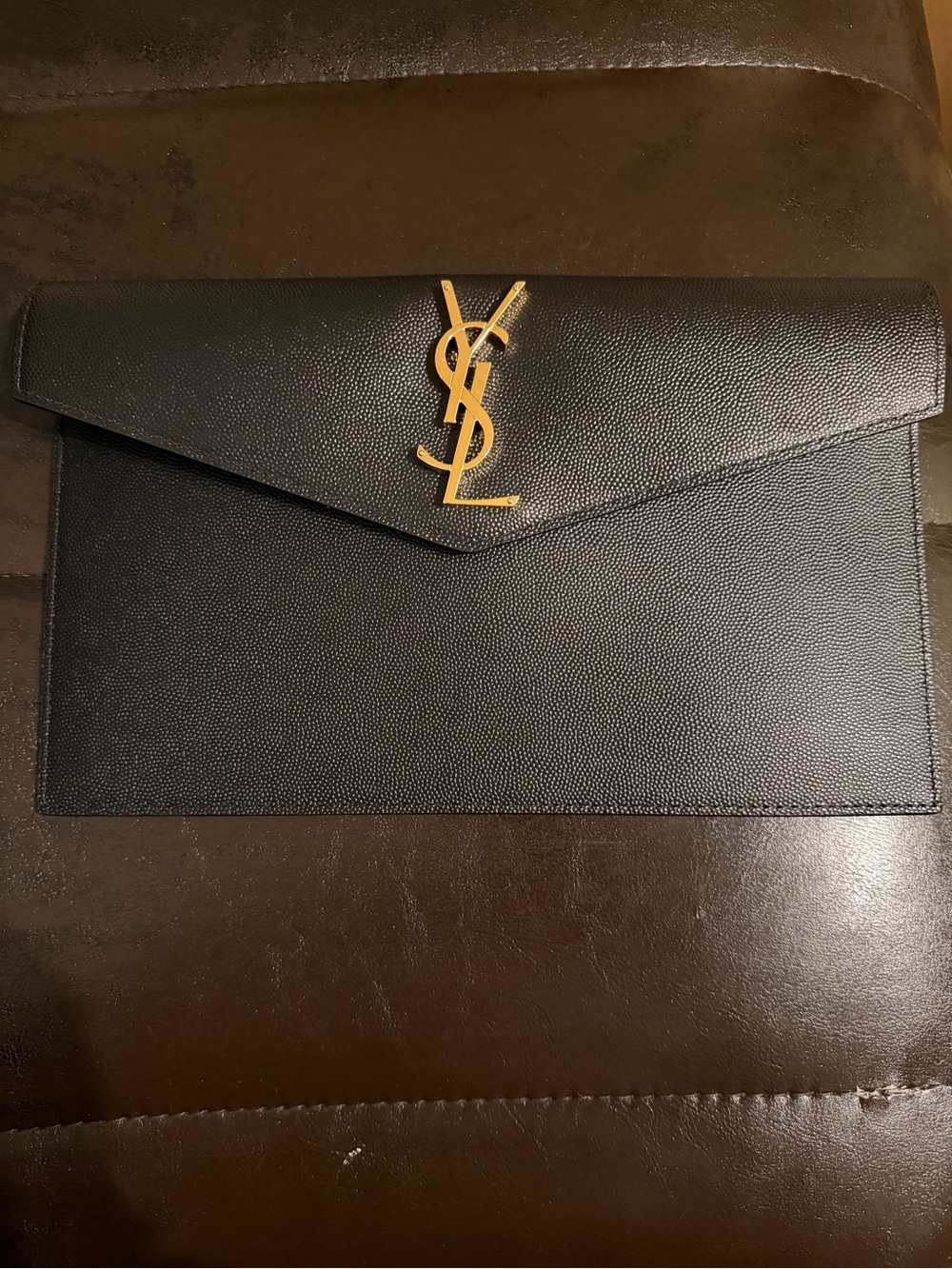Saint Laurent Black Leather Envelope Clutch with Gold YSL Monogram